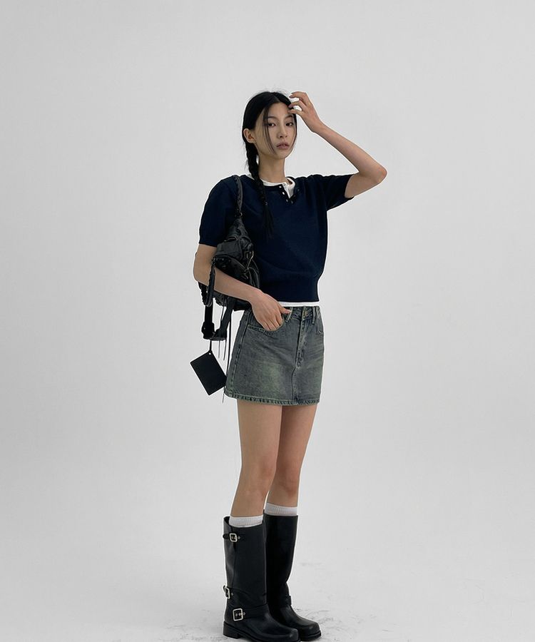 ウォッシングデニムミニスカートパンツ DARK BLUE