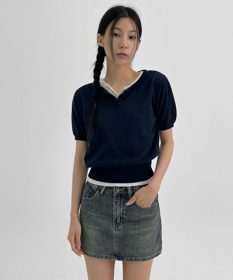 ウォッシングデニムミニスカートパンツ DARK BLUE