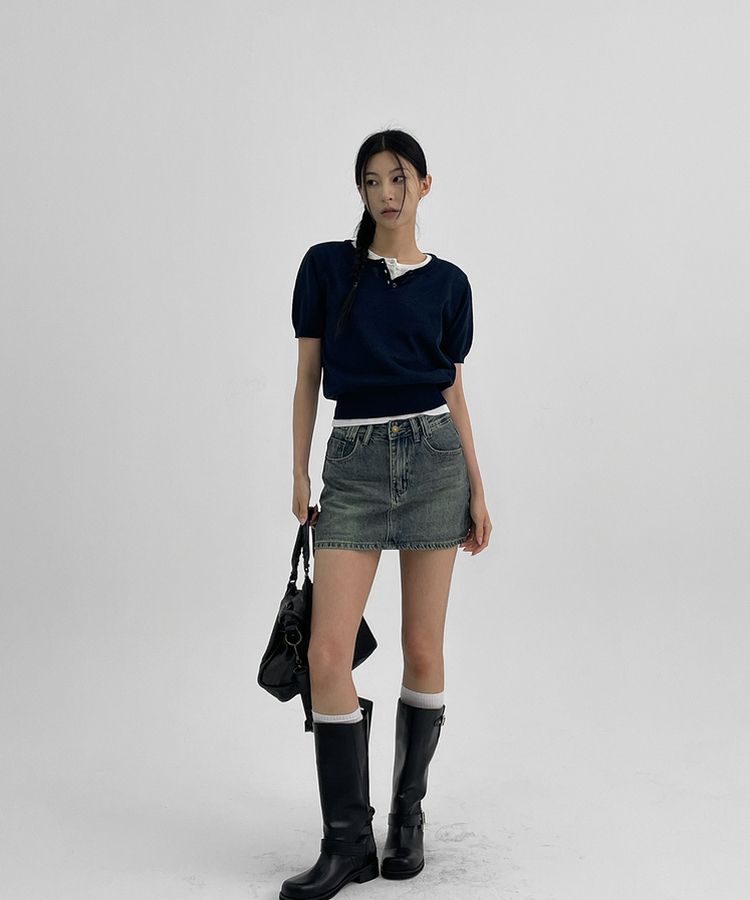 ウォッシングデニムミニスカートパンツ DARK BLUE