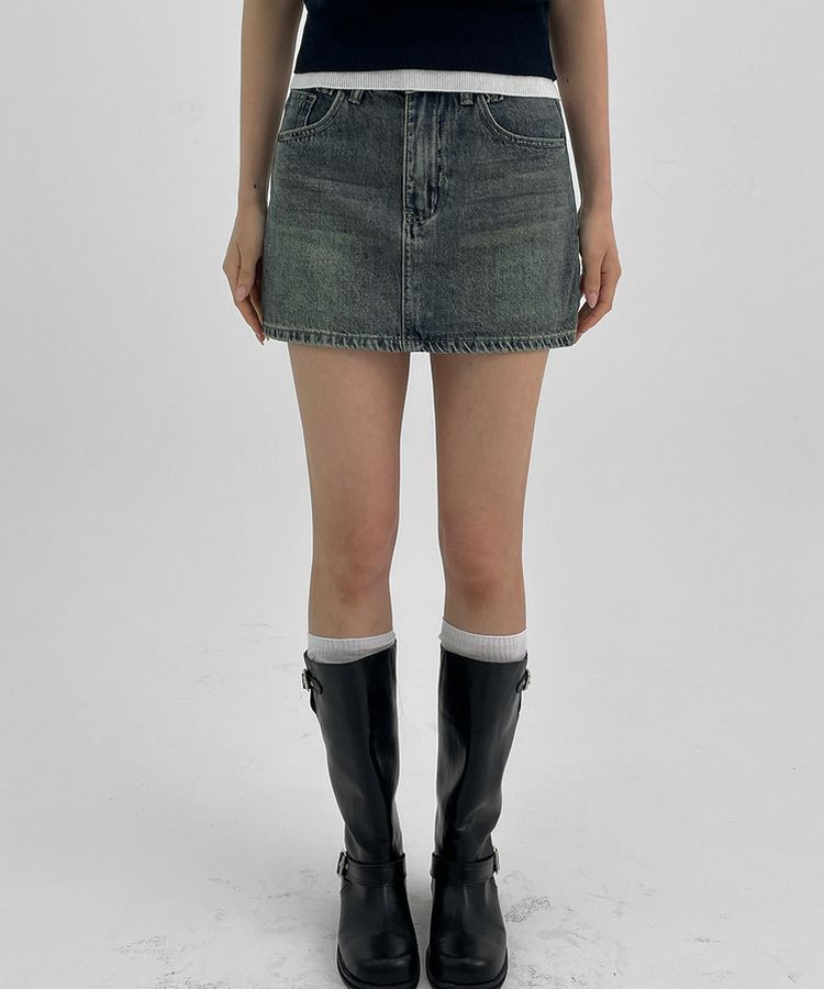 ウォッシングデニムミニスカートパンツ DARK BLUE