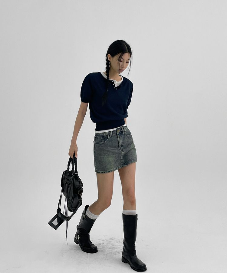 ウォッシングデニムミニスカートパンツ DARK BLUE