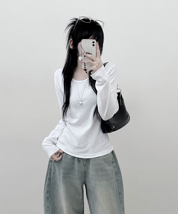 긴팔버전 체형커버 랍빠유넥 라운드 여유핏 긴팔티 아이보리