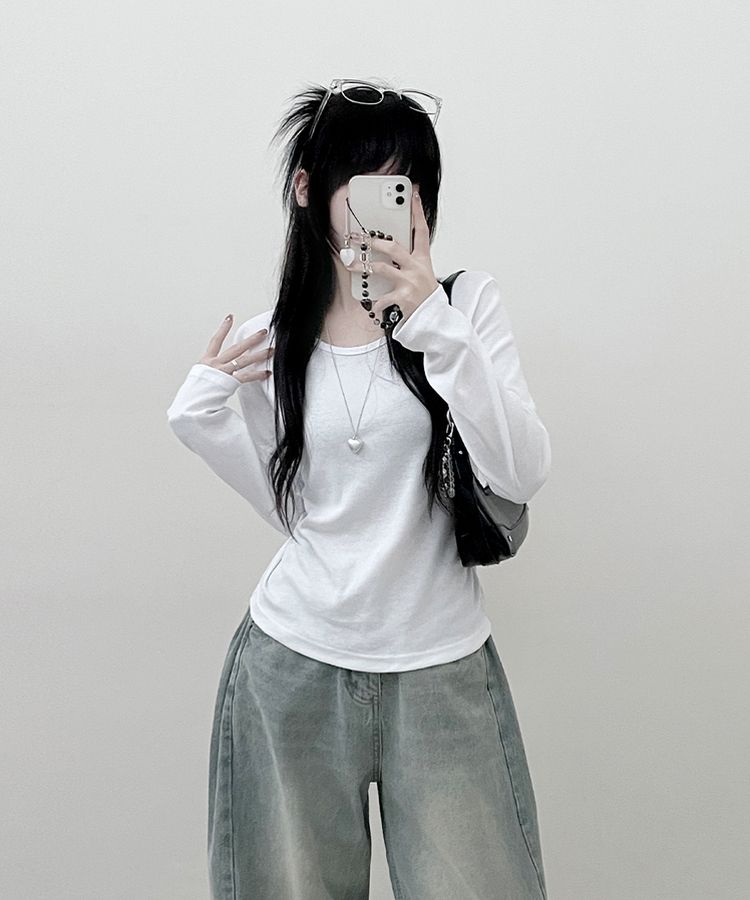 긴팔버전 체형커버 랍빠유넥 라운드 여유핏 긴팔티 아이보리