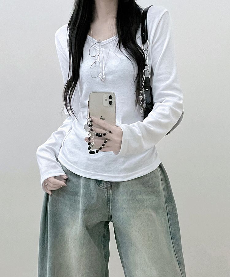 긴팔버전 체형커버 랍빠유넥 라운드 여유핏 긴팔티 아이보리