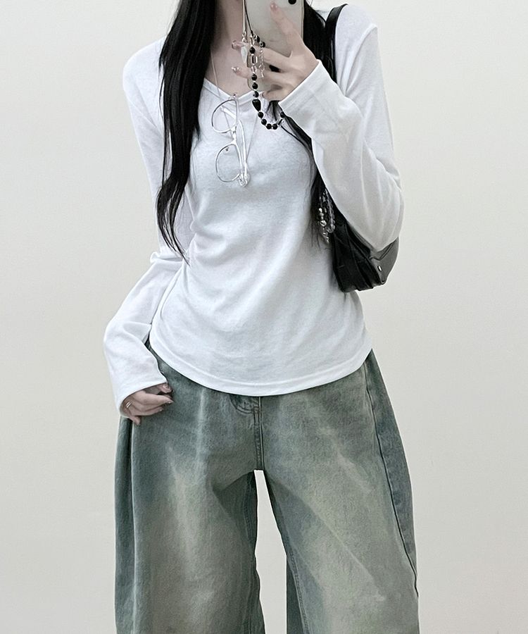 긴팔버전 체형커버 랍빠유넥 라운드 여유핏 긴팔티 아이보리