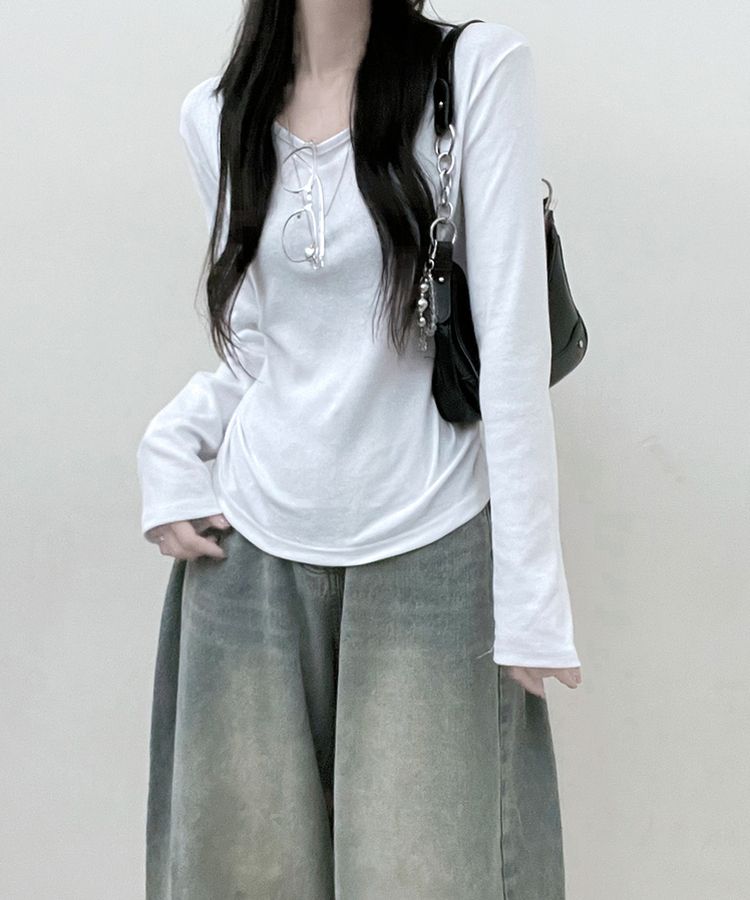 긴팔버전 체형커버 랍빠유넥 라운드 여유핏 긴팔티 아이보리