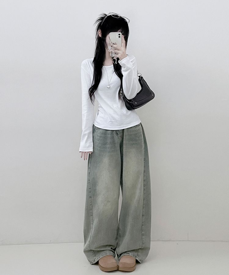 긴팔버전 체형커버 랍빠유넥 라운드 여유핏 긴팔티 아이보리