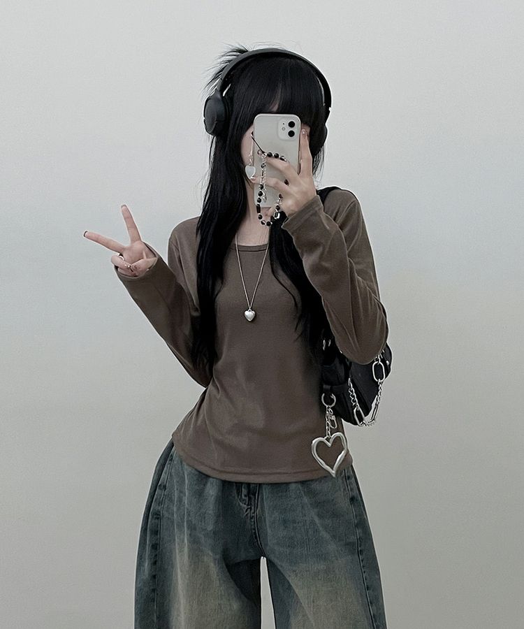 긴팔버전 체형커버 랍빠유넥 라운드 여유핏 긴팔티 카키