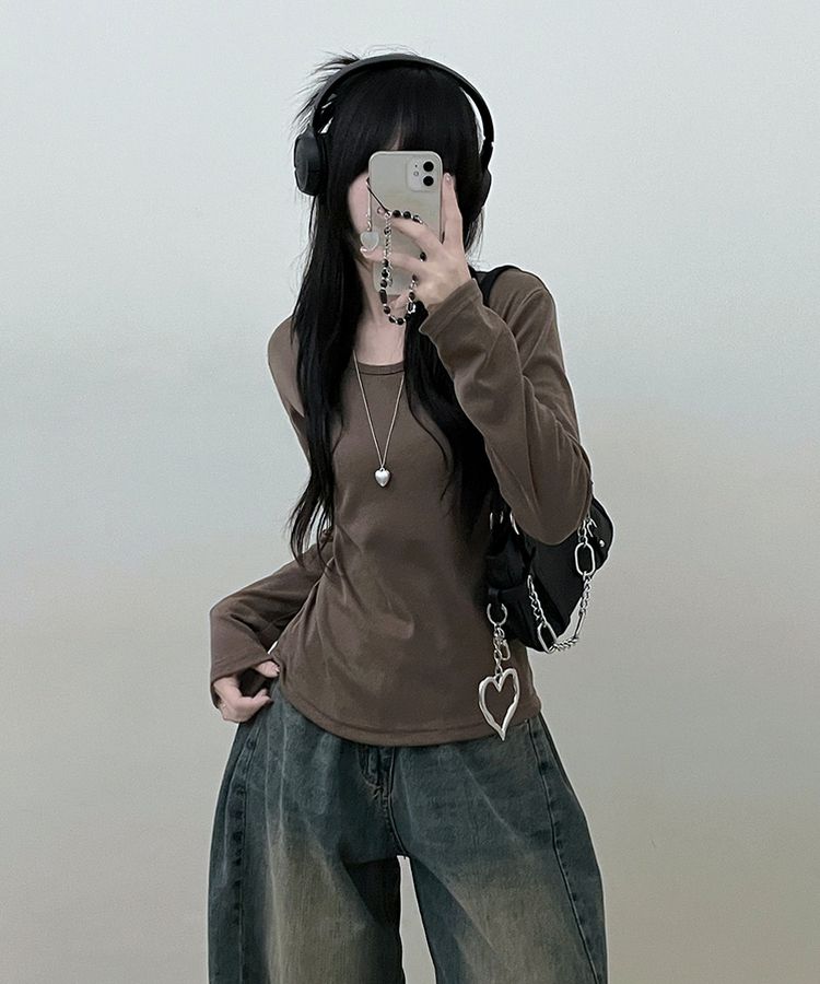 긴팔버전 체형커버 랍빠유넥 라운드 여유핏 긴팔티 카키