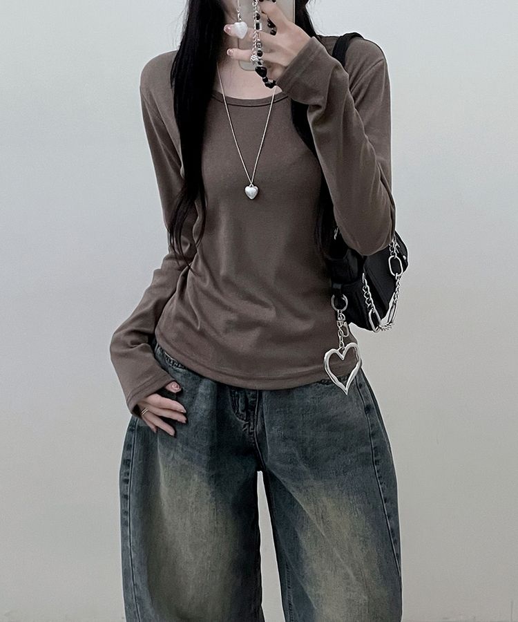 긴팔버전 체형커버 랍빠유넥 라운드 여유핏 긴팔티 카키