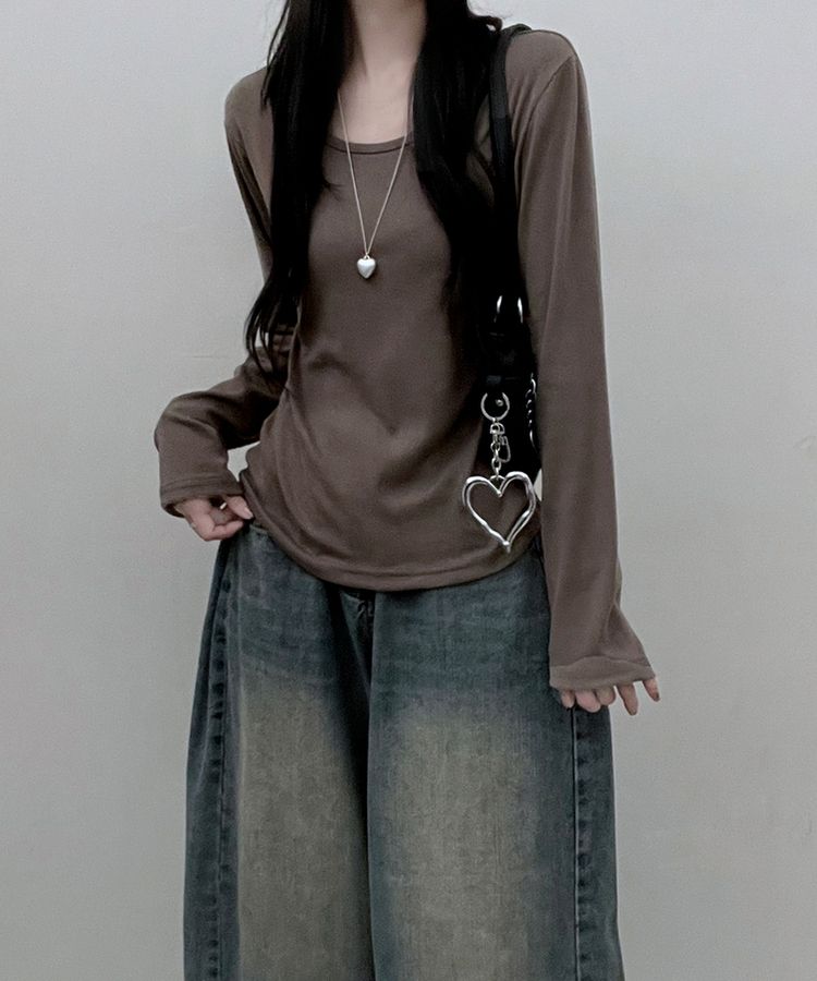 긴팔버전 체형커버 랍빠유넥 라운드 여유핏 긴팔티 카키