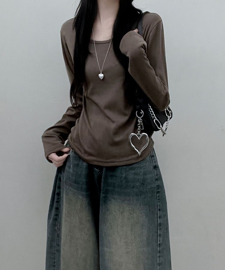 긴팔버전 체형커버 랍빠유넥 라운드 여유핏 긴팔티 카키