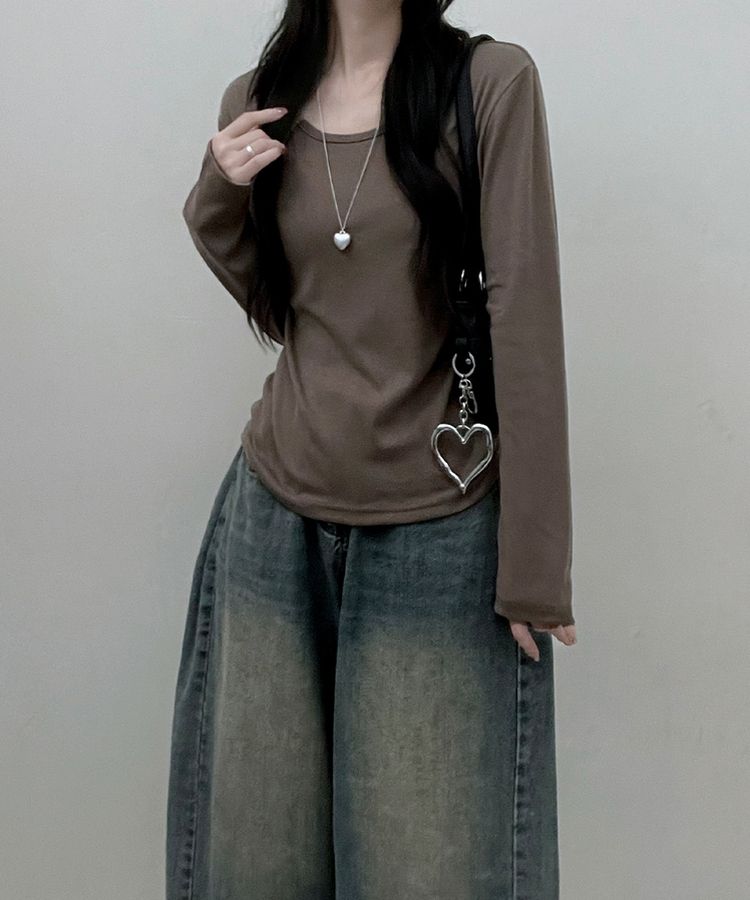 긴팔버전 체형커버 랍빠유넥 라운드 여유핏 긴팔티 카키