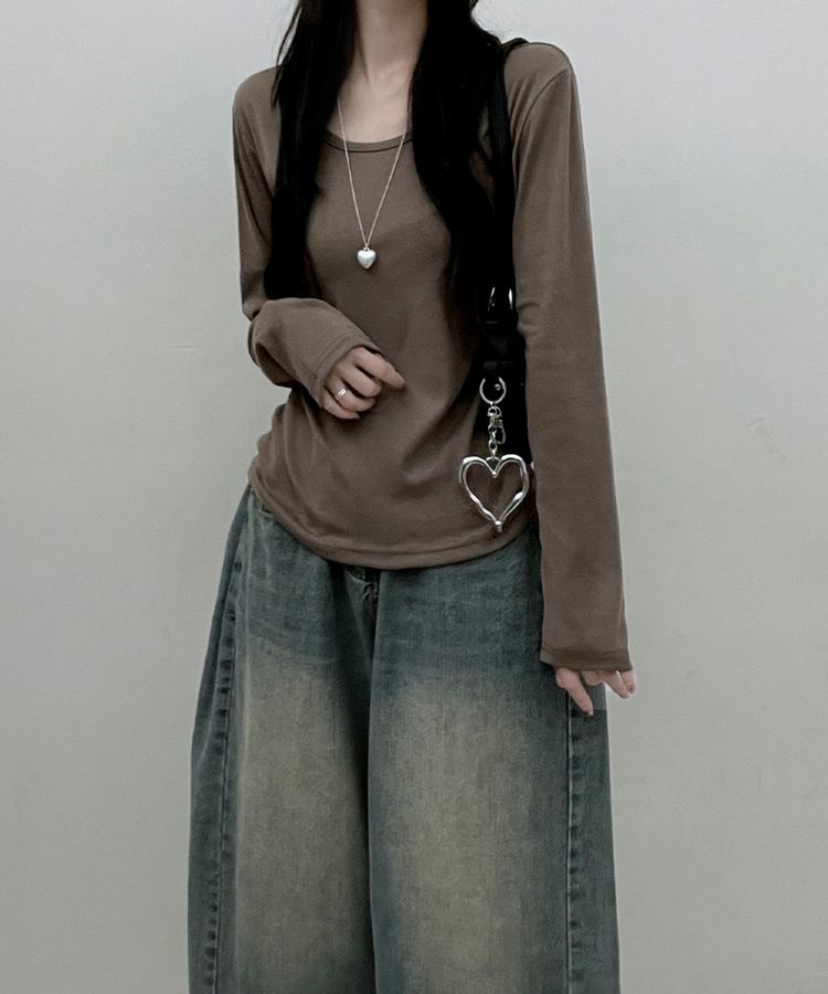 긴팔버전 체형커버 랍빠유넥 라운드 여유핏 긴팔티 카키