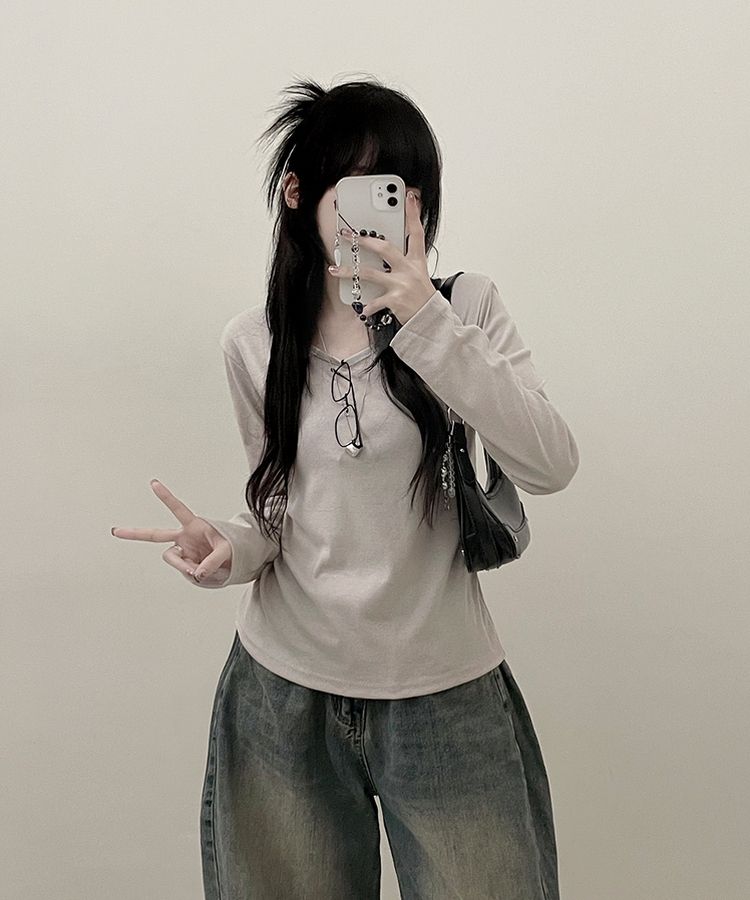 긴팔버전 체형커버 랍빠유넥 라운드 여유핏 긴팔티 베이지