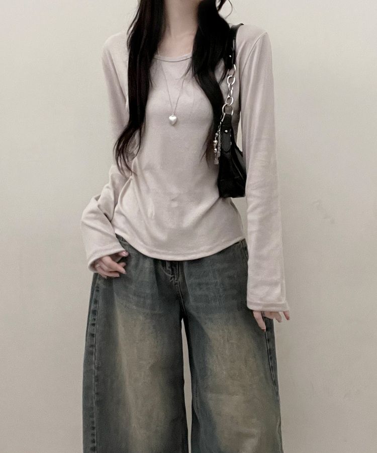 긴팔버전 체형커버 랍빠유넥 라운드 여유핏 긴팔티 베이지