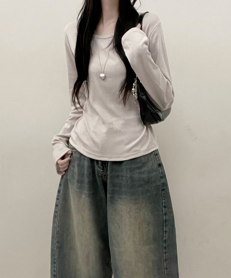 긴팔버전 체형커버 랍빠유넥 라운드 여유핏 긴팔티 베이지