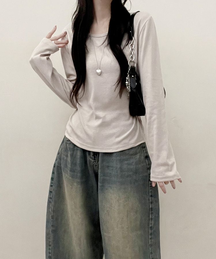 긴팔버전 체형커버 랍빠유넥 라운드 여유핏 긴팔티 베이지