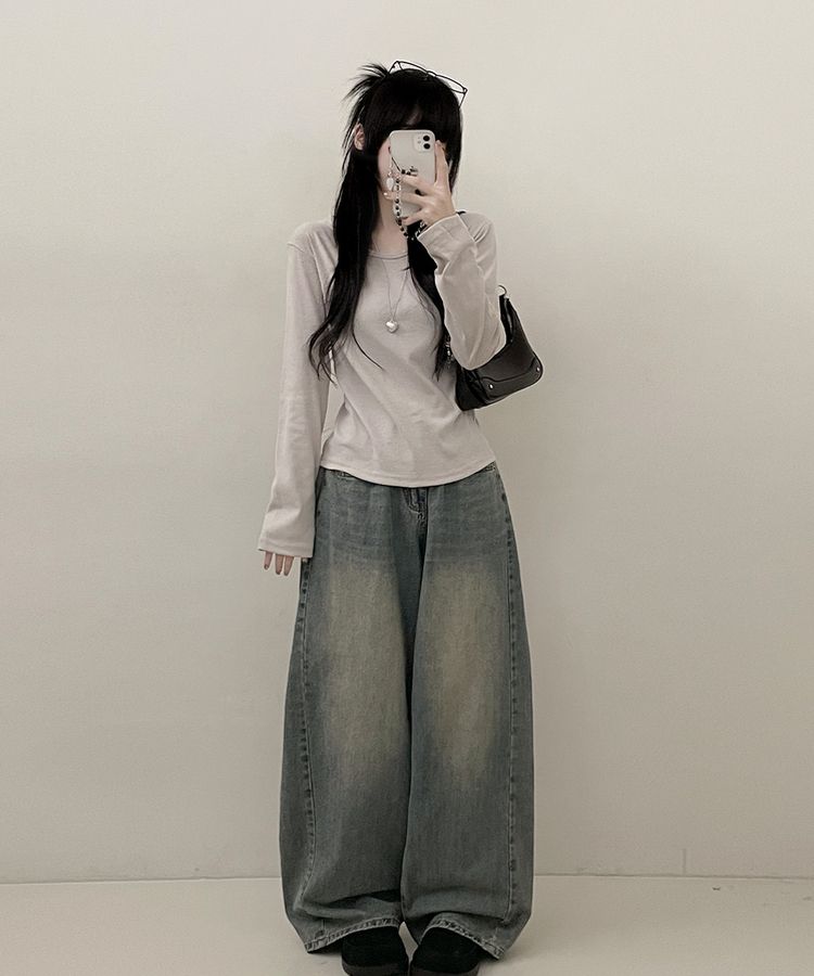 긴팔버전 체형커버 랍빠유넥 라운드 여유핏 긴팔티 베이지