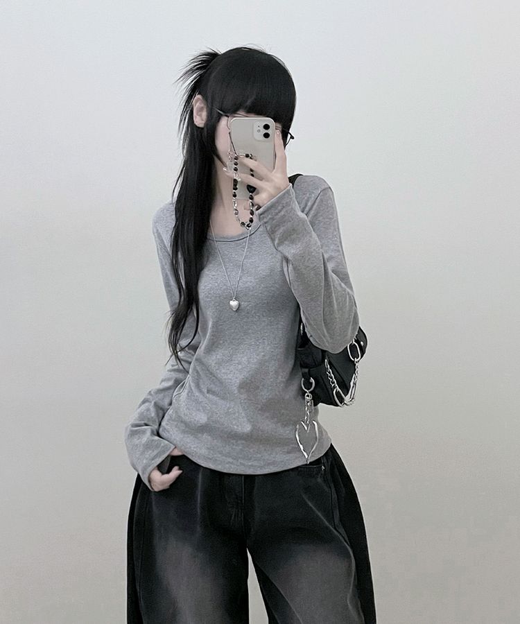 긴팔버전 체형커버 랍빠유넥 라운드 여유핏 긴팔티 그레이