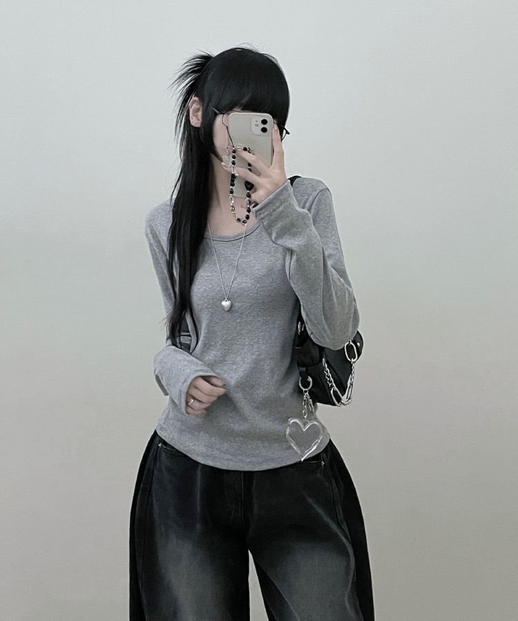 긴팔버전 체형커버 랍빠유넥 라운드 여유핏 긴팔티 그레이