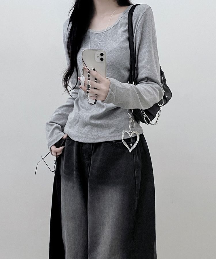 긴팔버전 체형커버 랍빠유넥 라운드 여유핏 긴팔티 그레이