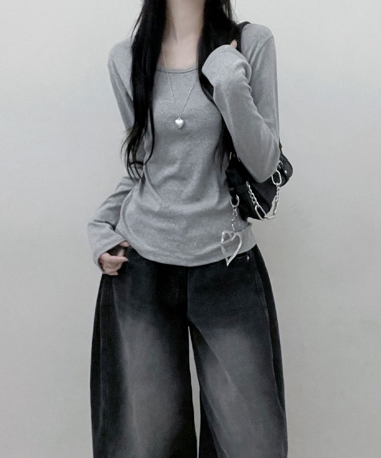 긴팔버전 체형커버 랍빠유넥 라운드 여유핏 긴팔티 그레이