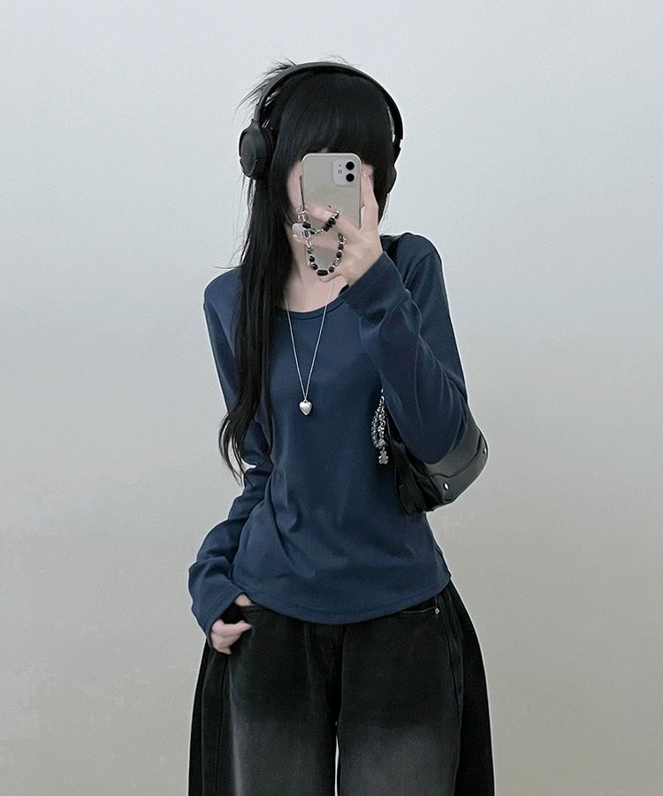 긴팔버전 체형커버 랍빠유넥 라운드 여유핏 긴팔티 곤색