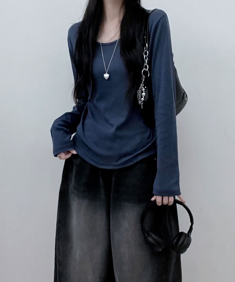 긴팔버전 체형커버 랍빠유넥 라운드 여유핏 긴팔티 곤색