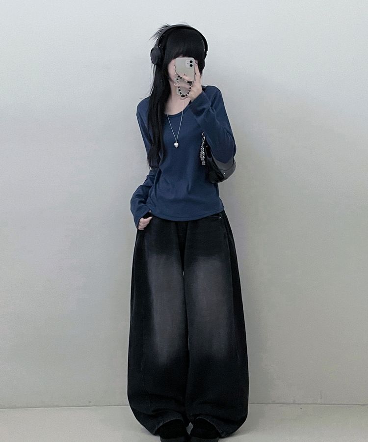 긴팔버전 체형커버 랍빠유넥 라운드 여유핏 긴팔티 곤색