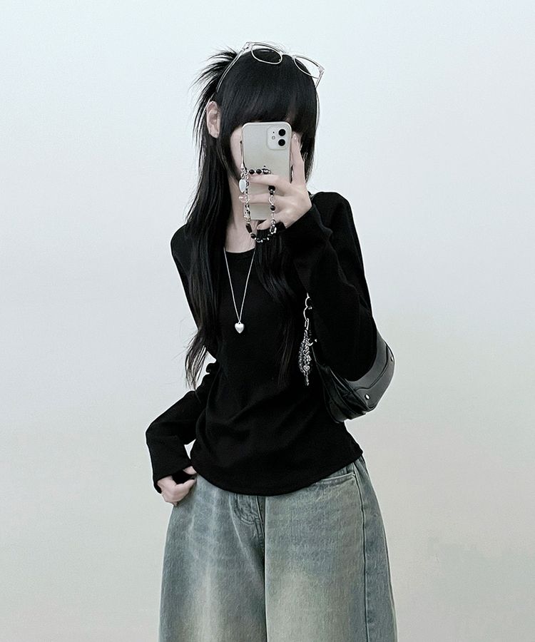 긴팔버전 체형커버 랍빠유넥 라운드 여유핏 긴팔티 블랙