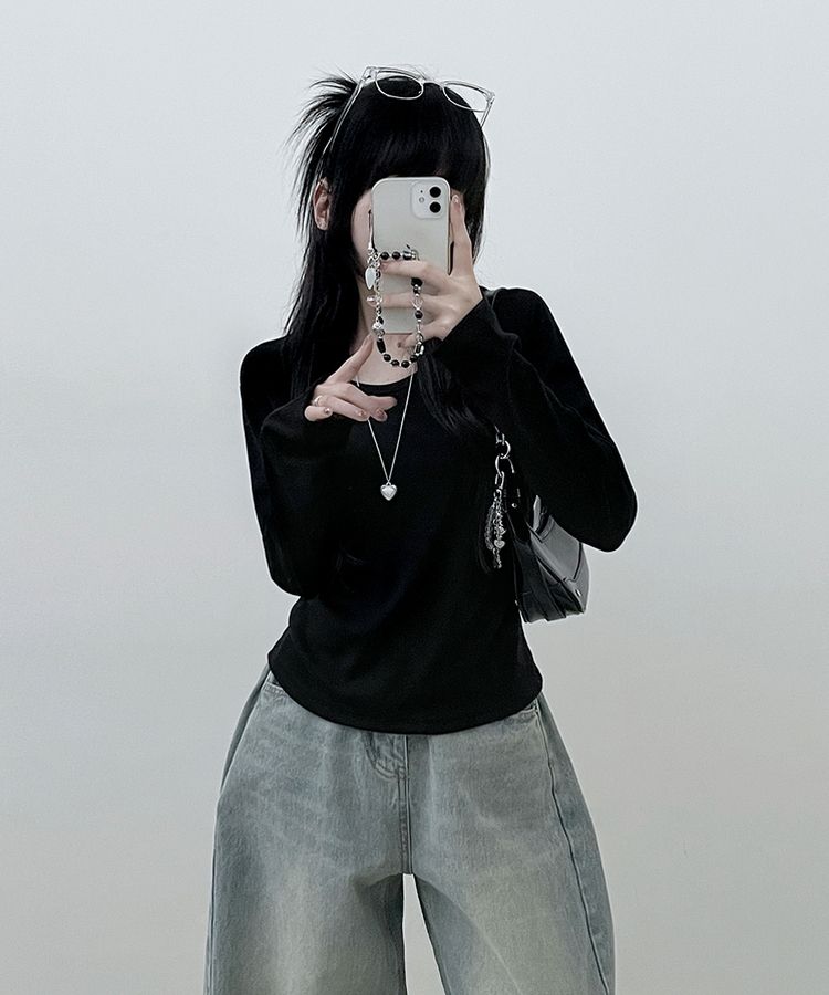 긴팔버전 체형커버 랍빠유넥 라운드 여유핏 긴팔티 블랙