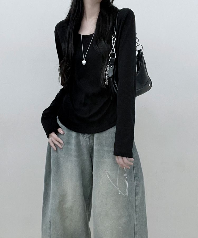 긴팔버전 체형커버 랍빠유넥 라운드 여유핏 긴팔티 블랙