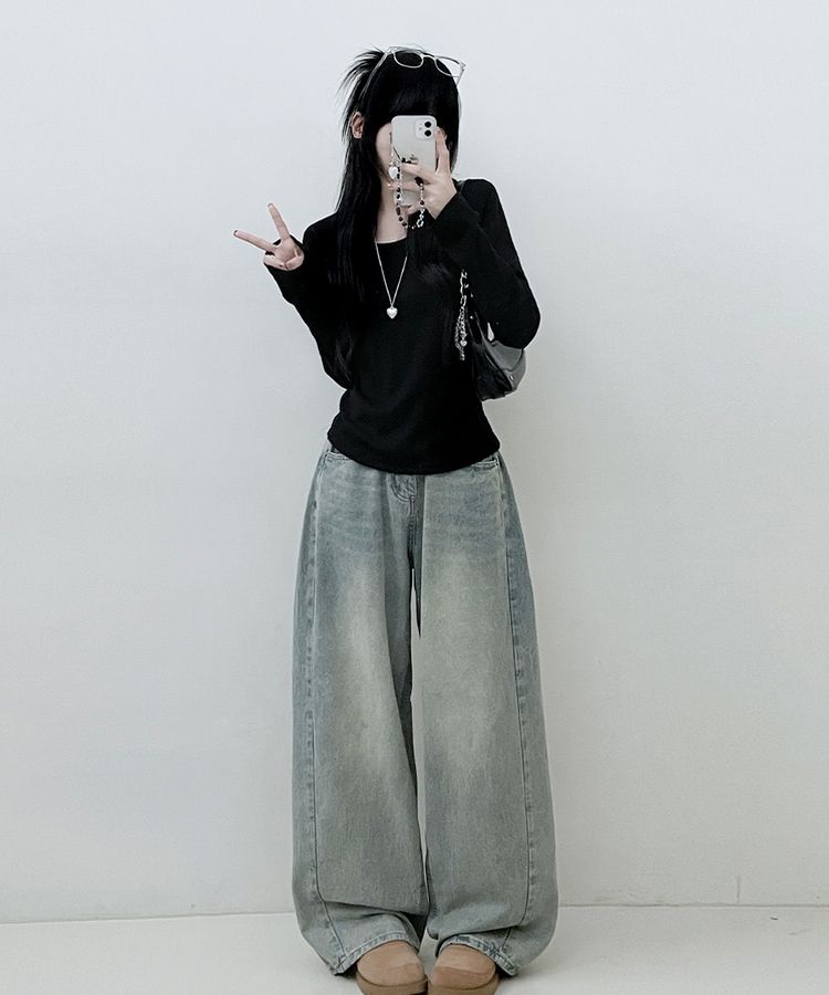 긴팔버전 체형커버 랍빠유넥 라운드 여유핏 긴팔티 블랙