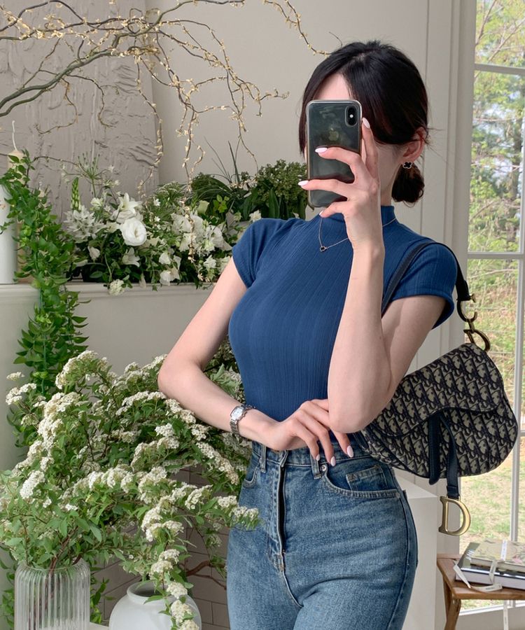 半袖Tシャツ ハイネックスリムフィット半袖リブTシャツ BLUE