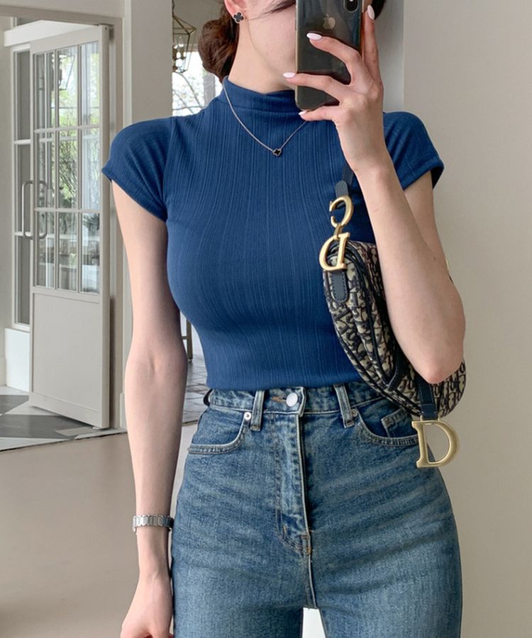 ハイネックスリムフィット半袖リブTシャツ BLUE