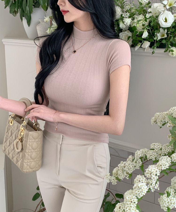 ハイネックスリムフィット半袖リブTシャツ BEIGE