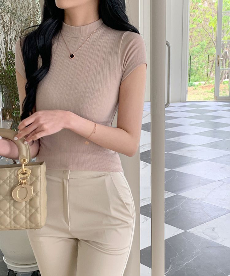 ハイネックスリムフィット半袖リブTシャツ BEIGE