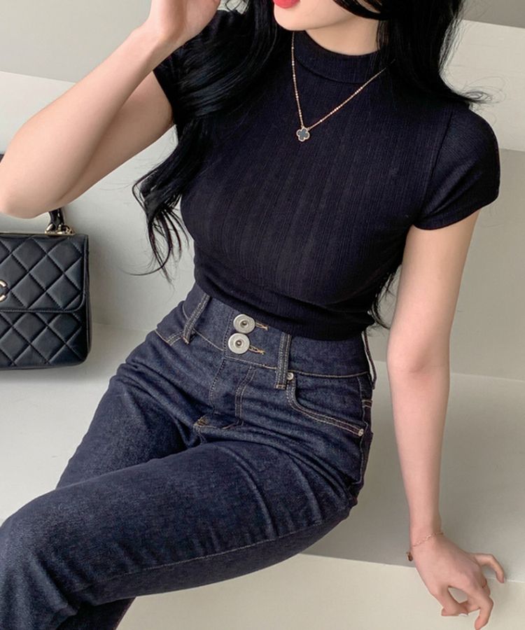 ハイネックスリムフィット半袖リブTシャツ BLACK