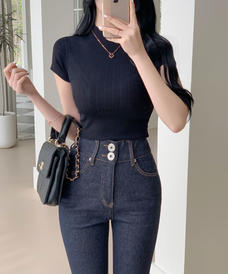 ハイネックスリムフィット半袖リブTシャツ BLACK