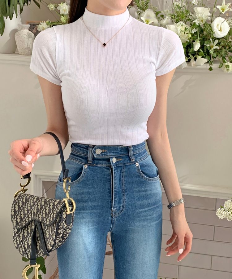 半袖Tシャツ ハイネックスリムフィット半袖リブTシャツ WHITE