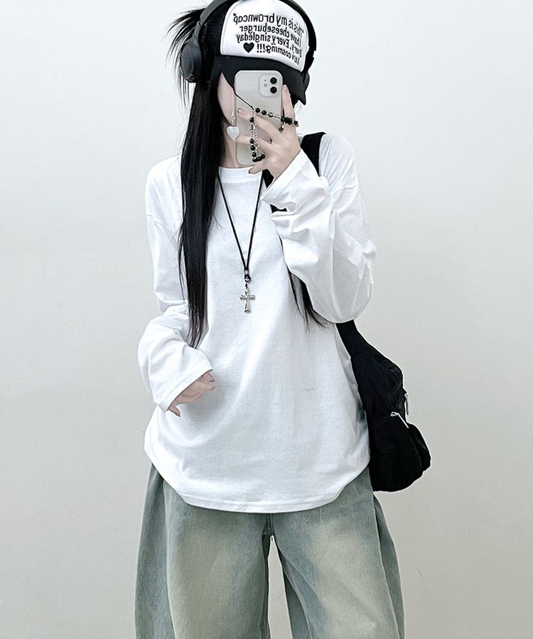 11할인드랍루즈박스무지라운드긴팔티 아이보리