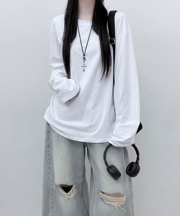 11할인드랍루즈박스무지라운드긴팔티 아이보리