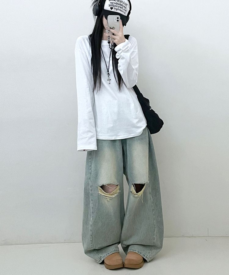 11할인드랍루즈박스무지라운드긴팔티 아이보리