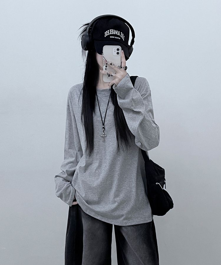 11할인드랍루즈박스무지라운드긴팔티 그레이