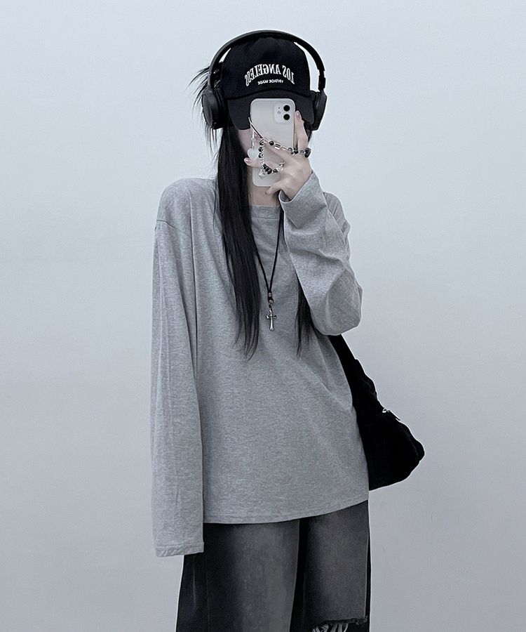 11할인드랍루즈박스무지라운드긴팔티 그레이