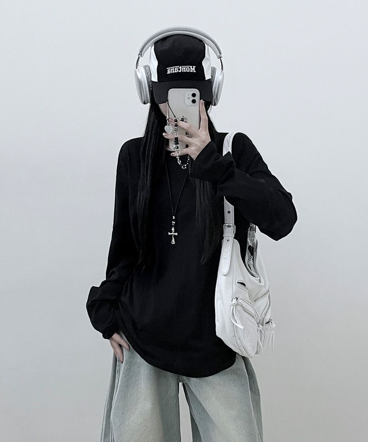 11할인드랍루즈박스무지라운드긴팔티 블랙