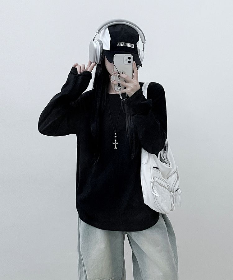 11할인드랍루즈박스무지라운드긴팔티 블랙