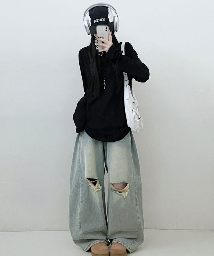 11할인드랍루즈박스무지라운드긴팔티 블랙