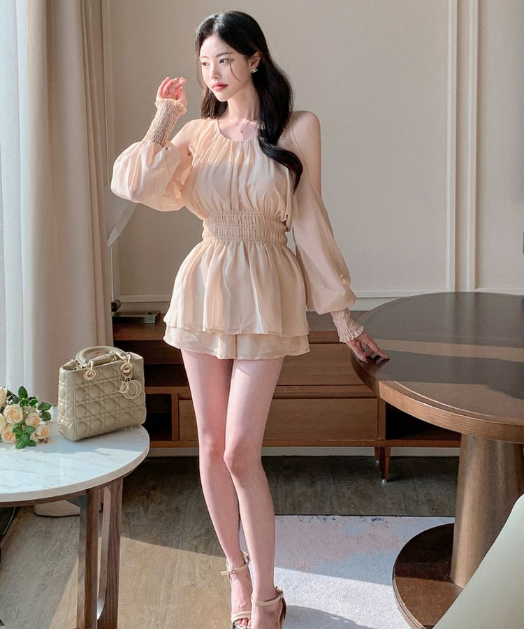 【SET】シフォンリボンフレアブラウス＋ショートパンツ PINK